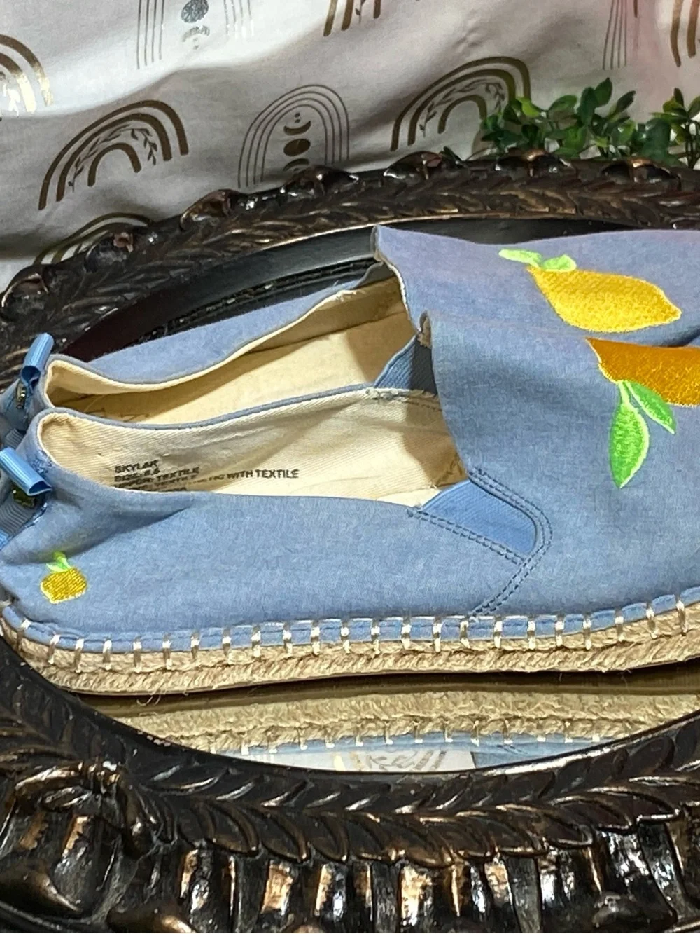 Blue Slip-On Espadrilles with Lemon Embroidery - Women Flats & Loafers